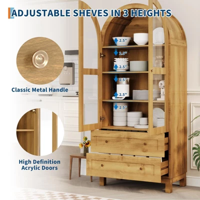 Arched Kitchen Pantry Cabinet, Modern 70in Tall Storage Cabinet Freestanding Farmhouse Cupboard With 2 Drawers And Adjustable Shelves 6 Arched Kitchen Pantry Cabinet, Modern 70in Tall Storage Cabinet Freestanding Farmhouse Cupboard With 2 Drawers And Adjustable Shelves - Image 4