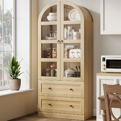 72" Tall Arched Kitchen Pantry Cabinet, Farmhouse Pantry Storage Cabinet With 2 Drawers & Glass Door, Freestanding Versatile Pantry Cabinets 14 72" Tall Arched Kitchen Pantry Cabinet, Farmhouse Pantry Storage Cabinet With 2 Drawers & Glass Door, Freestanding Versatile Pantry Cabinets - Image 12