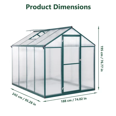 6 X 8FT Polycarbonate Walk-In Greenhouse With Lockable Doors Adjustable Vent Window Heavy Duty Aluminum Frame Outdoor Garden 5 6 X 8FT Polycarbonate Walk-In Greenhouse With Lockable Doors Adjustable Vent Window Heavy Duty Aluminum Frame Outdoor Garden - Image 3