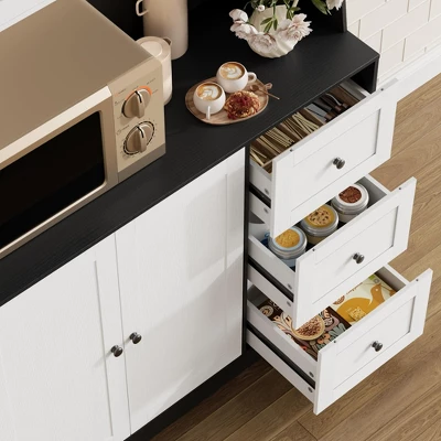 67" Tall Kitchen Hutch Storage Cabinet, Farmhosue Coffee Bar Cabinet With 3 Drawers And LED Lights, Freestanding Food Pantry With Countertop 4 67" Tall Kitchen Hutch Storage Cabinet, Farmhosue Coffee Bar Cabinet With 3 Drawers And LED Lights, Freestanding Food Pantry With Countertop - Image 2