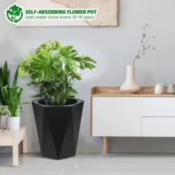 23 Inch Tall Outdoor Planters Set Of 2, Self Watering Pots For Indoor Plants With Water Level Monitor & Drainage Hole & Wheels,Black