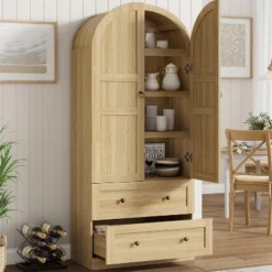 72" Tall Arched Kitchen Pantry Cabinet, Farmhouse Pantry Storage Cabinet With 2 Drawers & Wood Door, Freestanding Versatile Pantry Cabinets -House Beautiful GUEST 2f982b95 c141 4033 9831 07e1675282a9