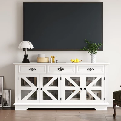 63" Buffet Cabinet, Coffee Bar Cabinet With 3 Drawers, Adjustable Shelves, Charging Station And 4 Mesh Barn Doors, Sideboard Storage Buffet Table 9 63" Buffet Cabinet, Coffee Bar Cabinet With 3 Drawers, Adjustable Shelves, Charging Station And 4 Mesh Barn Doors, Sideboard Storage Buffet Table - Image 7