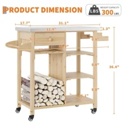 Solid Wood Outdoor Grill Cart Storage Cabinet With Stainless Steel Table Top, Patio Bar Table With Lockable Wheels For Garden And Porch, Natural