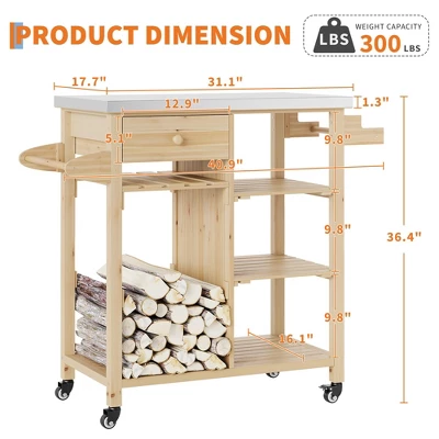 Solid Wood Outdoor Grill Cart Storage Cabinet With Stainless Steel Table Top, Patio Bar Table With Lockable Wheels For Garden And Porch, Natural 3 Solid Wood Outdoor Grill Cart Storage Cabinet With Stainless Steel Table Top, Patio Bar Table With Lockable Wheels For Garden And Porch, Natural