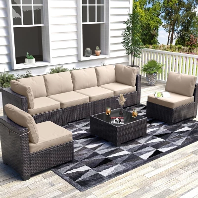 7-Piece Wicker Patio Sofa Set, Outdoor Sectional Couches With Coffee Table And Cushions For Garden And Porch 11 7-Piece Wicker Patio Sofa Set, Outdoor Sectional Couches With Coffee Table And Cushions For Garden And Porch - Image 9