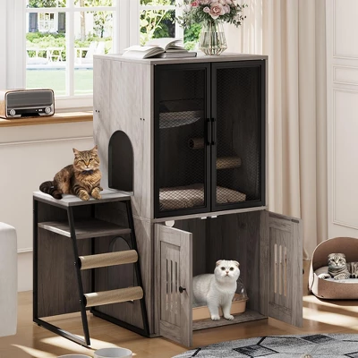 Cat Litter Box Enclosure With Ladder And Doors For 2 Cats,Double Cat House With Storage Space 10 Cat Litter Box Enclosure With Ladder And Doors For 2 Cats,Double Cat House With Storage Space - Image 8
