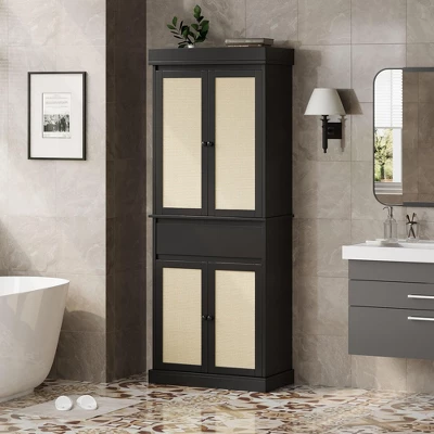 69" Tall Pantry Cabinet, Rattan Kitchen Pantry Storage Cabinet With Doors And Adjustable Shelves, Freestanding Cupboard Cabinet With Drawer 9 69" Tall Pantry Cabinet, Rattan Kitchen Pantry Storage Cabinet With Doors And Adjustable Shelves, Freestanding Cupboard Cabinet With Drawer - Image 7