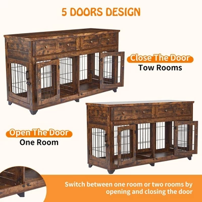 Dog Crate Furniture With 5 Doors, 58" Wooden Dog Kennel End Table With Large Capacity Drawers, Dog House With Openable Divider 6 Dog Crate Furniture With 5 Doors, 58" Wooden Dog Kennel End Table With Large Capacity Drawers, Dog House With Openable Divider - Image 4