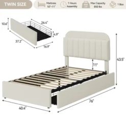 Twin Bed Frame With Storage Headboard, Kids Bed Frame With 2 Drawers, Boucle Upholstered Platform Bed With Bookcase, No Box Spring Needed