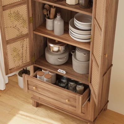 Kitchen Pantry Storage Cabinet With 2 Rattan Doors And 2 Adjustable Shelves, 64" Tall Farmhouse Food Pantries Cabinet 6 Kitchen Pantry Storage Cabinet With 2 Rattan Doors And 2 Adjustable Shelves, 64" Tall Farmhouse Food Pantries Cabinet - Image 4
