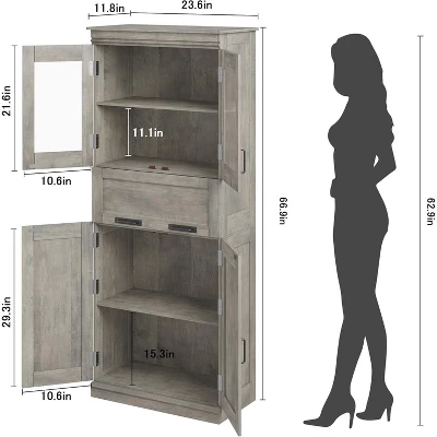 Pantry Cabinet, Tall Freestanding Storage Cabinet With Adjustable Shelves And Glass Doors 67 Inch Pantry Cupboard 3 Pantry Cabinet, Tall Freestanding Storage Cabinet With Adjustable Shelves And Glass Doors 67 Inch Pantry Cupboard