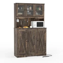 71” Farmhouse Pantry Cabinet - Kitchen Hutch With Charging Station & Adjustable Shelves, Dining Room Sideboard With Countertop