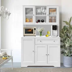 Kitchen Pantry Storage Cabinet, Modern Tall Buffet With Microwave Stand & Hutch,Freestanding Coffee Bar Cabinet With 14 Shelves And Drawer