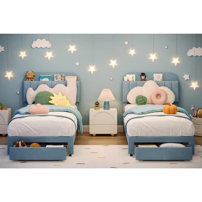 Kids Bed Frame,Twin Kids Bed Frame With Bookcase Headboard, Velvet Upholstered Platform Bed Frame With Under-Bed Drawer 5 Kids Bed Frame,Twin Kids Bed Frame With Bookcase Headboard, Velvet Upholstered Platform Bed Frame With Under-Bed Drawer - Image 3