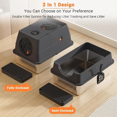 Large Stainless Steel Enclosed Cat Litter Box With Lid, Metal Kitty Litter Box With Flip Cover, Removable Top And Litter Scooper 4 Large Stainless Steel Enclosed Cat Litter Box With Lid, Metal Kitty Litter Box With Flip Cover, Removable Top And Litter Scooper - Image 2