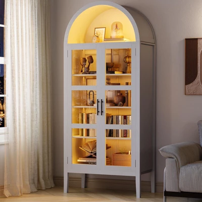 70" Tall Arched Kitchen Pantry Cabinet With Lights, Modern Wood Arched Cabinet With Glass Doors & Adjustable Shelves 8 70" Tall Arched Kitchen Pantry Cabinet With Lights, Modern Wood Arched Cabinet With Glass Doors & Adjustable Shelves - Image 6
