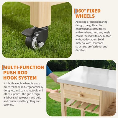 Solid Wood Outdoor Grill Cart Storage Cabinet With Stainless Steel Table Top, Patio Bar Table With Lockable Wheels For Garden And Porch, Natural 8 Solid Wood Outdoor Grill Cart Storage Cabinet With Stainless Steel Table Top, Patio Bar Table With Lockable Wheels For Garden And Porch, Natural - Image 6
