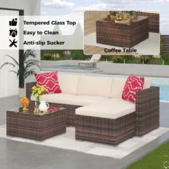 5 Piece Outdoor Patio Sofa Set With Glass Coffee Table, PE Wicker Conversation Furniture For Garden, Backyard, Poolside 14 5 Piece Outdoor Patio Sofa Set With Glass Coffee Table, PE Wicker Conversation Furniture For Garden, Backyard, Poolside -House Beautiful GUEST 3500008b bdbe 423a 9651 d820d4027306
