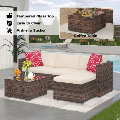 5 Piece Outdoor Patio Sofa Set With Glass Coffee Table, PE Wicker Conversation Furniture For Garden, Backyard, Poolside 5 5 Piece Outdoor Patio Sofa Set With Glass Coffee Table, PE Wicker Conversation Furniture For Garden, Backyard, Poolside - Image 3