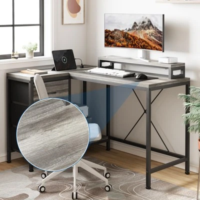 47 Inch Computer Desk, L Shaped Desk With Power Outlets And Led Lights, 3-Drawer Gaming Desk With Storage Shelves And Monitor Stand, Reversible 10 47 Inch Computer Desk, L Shaped Desk With Power Outlets And Led Lights, 3-Drawer Gaming Desk With Storage Shelves And Monitor Stand, Reversible - Image 8