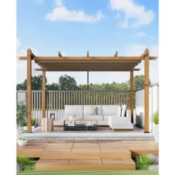 10x10ft Outdoor Aluminum Pergola Retractable UPF50+ Canopy, Wood Grain Frame, Khaki Curtain, Tool-Free Assembly -House Beautiful GUEST 362f93ce d3c7 4aff b3bc e3c6bcf46518