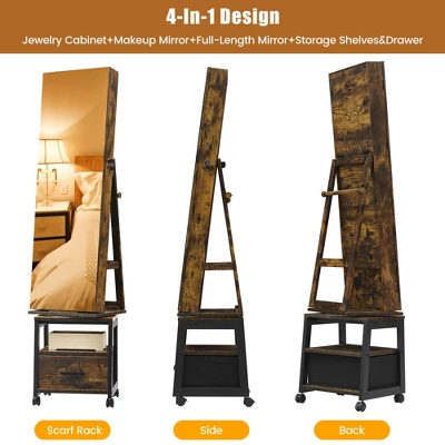 360° Swivel Jewelry Armoire, Floor Standing Full Length Mirror With Rear Storage Shelves, Lockable Jewelry Cabinet With Bottom Drawer And Wheels 5 360° Swivel Jewelry Armoire, Floor Standing Full Length Mirror With Rear Storage Shelves, Lockable Jewelry Cabinet With Bottom Drawer And Wheels - Image 3