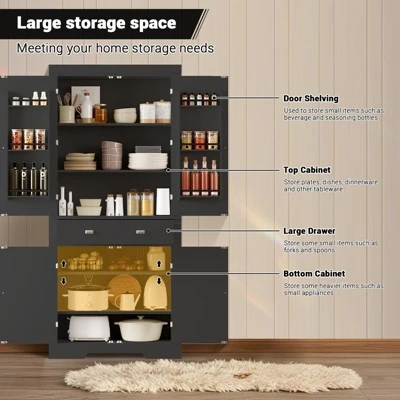 72" Farmhouse Pantry Cabinet With Adjustable Shelves, 6 Door Storage Racks, 2 Cabinets & 1 Drawer, Tall Kitchen Storage Cabinet 6 72" Farmhouse Pantry Cabinet With Adjustable Shelves, 6 Door Storage Racks, 2 Cabinets & 1 Drawer, Tall Kitchen Storage Cabinet - Image 4