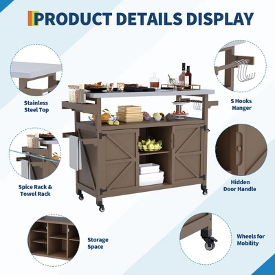 Outdoor Grill Cart With Storage Cabinet, Movable Outdoor Kitchen Island Prep Stand Station With Stainless Steel Tabletop 4 Outdoor Grill Cart With Storage Cabinet, Movable Outdoor Kitchen Island Prep Stand Station With Stainless Steel Tabletop - Image 2