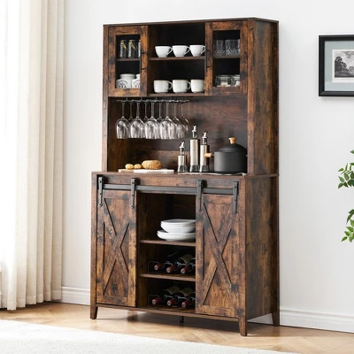 Jojoka 70'' Wine Bar Cabinet With Storage Hutch, Tall Coffee Bar Cabinet With Sliding Barn Doors, Bottle Glasses Rack, Farmhouse Coffee Bar 4 Jojoka 70'' Wine Bar Cabinet With Storage Hutch, Tall Coffee Bar Cabinet With Sliding Barn Doors, Bottle Glasses Rack, Farmhouse Coffee Bar - Image 2
