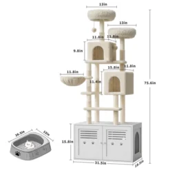 75.6-Inch Tall Cat Tree With Litter Box Enclosure, 2-in-1 Modern Large Cat Tree With Hidden Litter Box Furniture, Indoor Cats Tower With Double Condos