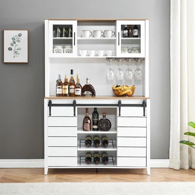 70" Farmhouse Coffee Bar Wine Cabinet With Sliding Barn Doors And Storage, Tall Kitchen Hutch With Wine & Glasses Rack 12 70" Farmhouse Coffee Bar Wine Cabinet With Sliding Barn Doors And Storage, Tall Kitchen Hutch With Wine & Glasses Rack - Image 10