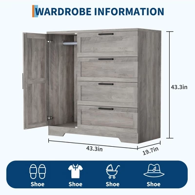 43.3" H Armoire Wardrobe Closet With 4 Drawers & Hanging Rod, Multifunctional Wood Storage Cabinet, Freestanding Dresser For Bedroom 4 43.3" H Armoire Wardrobe Closet With 4 Drawers & Hanging Rod, Multifunctional Wood Storage Cabinet, Freestanding Dresser For Bedroom - Image 2