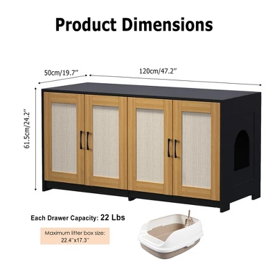 Double Room Litter Box Enclosure For 2 Cats, 47.2" Large Wood Hidden Litter Box Furniture For 2 Boxes With Sisal Doors And Sliding Drawers 3 Double Room Litter Box Enclosure For 2 Cats, 47.2" Large Wood Hidden Litter Box Furniture For 2 Boxes With Sisal Doors And Sliding Drawers