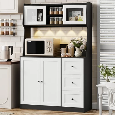 67" Tall Kitchen Hutch Storage Cabinet, Farmhosue Coffee Bar Cabinet With 3 Drawers And LED Lights, Freestanding Food Pantry With Countertop 11 67" Tall Kitchen Hutch Storage Cabinet, Farmhosue Coffee Bar Cabinet With 3 Drawers And LED Lights, Freestanding Food Pantry With Countertop - Image 9