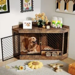 52Inch Corner Dog Crate Furniture With Rotary Feeder, Decorative Dog Crates Dog Cage TV Stand With With Metal Mesh, Heavy Duty Dog Kennel Furniture -House Beautiful GUEST 3c5de528 f227 4849 b043 72f6b9cc61ee