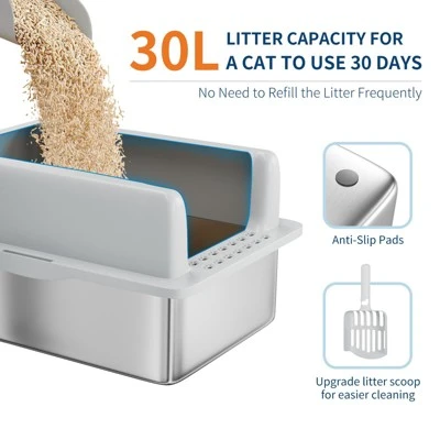 Stainless Steel Cat Litter Box 8/6 Inch, XXL Large Cat Litter Tray With High Side, Platform Step And Scoop For Big Cats Multiple Cats 4 Stainless Steel Cat Litter Box 8/6 Inch, XXL Large Cat Litter Tray With High Side, Platform Step And Scoop For Big Cats Multiple Cats - Image 2