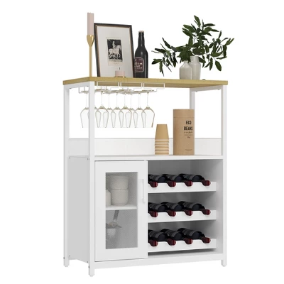 3-Tier Wine & Coffee Bar Cabinet With Storage Door, Liquor Cabinet With Wine Rack & Glass Holder For Kitchen, Dining Room, Living Room, White 3 3-Tier Wine & Coffee Bar Cabinet With Storage Door, Liquor Cabinet With Wine Rack & Glass Holder For Kitchen, Dining Room, Living Room, White