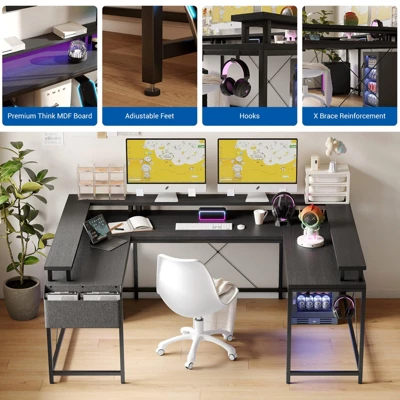 U Shaped Computer Gaming Desk, 79’’ Reversible L Shaped Computer Desk With Power Outlet & LED Strip, Office Desk With Monitor Stand 10 U Shaped Computer Gaming Desk, 79’’ Reversible L Shaped Computer Desk With Power Outlet & LED Strip, Office Desk With Monitor Stand - Image 8