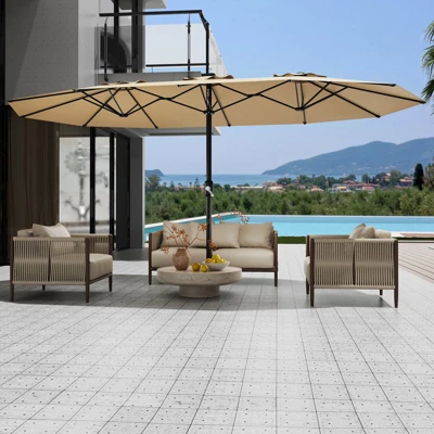 15 FT Double-Sided Rectangle Patio Market Umbrella With Base, Heavy Duty Waterproof And Windproof Umbrella, For Poolside, Lawn & Backyard 5 15 FT Double-Sided Rectangle Patio Market Umbrella With Base, Heavy Duty Waterproof And Windproof Umbrella, For Poolside, Lawn & Backyard - Image 3