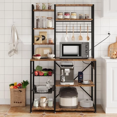 Bakers Rack With Power Outlet, Industrial Microwave Stand With 2 Wire Drawer, Large Coffee Bar Station 9 Bakers Rack With Power Outlet, Industrial Microwave Stand With 2 Wire Drawer, Large Coffee Bar Station - Image 7