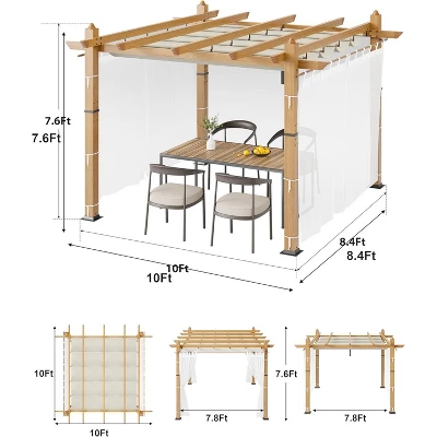 10x10ft Wood Grain Aluminum Pergola, Beige UV Block Canopy, Mesh Net, Rustproof Frame, Fast Assembly, Off-White Curtains 5 10x10ft Wood Grain Aluminum Pergola, Beige UV Block Canopy, Mesh Net, Rustproof Frame, Fast Assembly, Off-White Curtains - Image 3