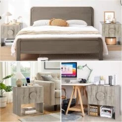 Mid Century Modern Nightstand, Fluted Night Stand, 2 Drawers & Open Shelf, 22.6" Wide Wood Bedside Table, Grey -House Beautiful GUEST 3dc44f8b dea9 456d 8a08 704d62f2efde