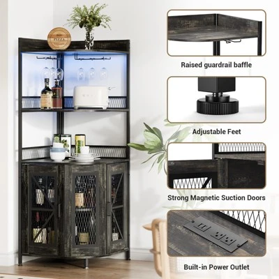 5-Tiers Corner Bar Cabinet With Power Outlet,64''Industrial Tall Wine Cabinet With Lights&Glass Holder, Liquor Cabinet With Storage 7 5-Tiers Corner Bar Cabinet With Power Outlet,64''Industrial Tall Wine Cabinet With Lights&Glass Holder, Liquor Cabinet With Storage - Image 5
