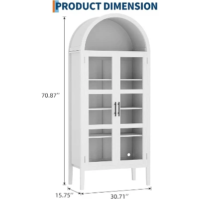 70" Tall Arched Kitchen Pantry Cabinet With LED Lights,Modern Wood Arched Bookshelf With Glass Doors,White 8 70" Tall Arched Kitchen Pantry Cabinet With LED Lights,Modern Wood Arched Bookshelf With Glass Doors,White - Image 6