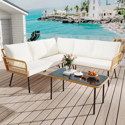 4 Pieces Outdoor Patio Furniture Set, All-Weather Wicker Rattan Sectional L-Shaped Set With Glass Top Coffee Table & Cushioned Chairs 5 4 Pieces Outdoor Patio Furniture Set, All-Weather Wicker Rattan Sectional L-Shaped Set With Glass Top Coffee Table & Cushioned Chairs - Image 3