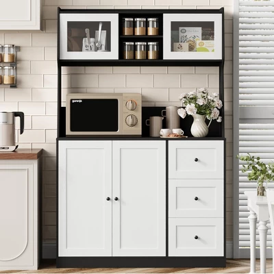 67" Tall Kitchen Hutch Storage Cabinet, Farmhosue Coffee Bar Cabinet With 3 Drawers And LED Lights, Freestanding Food Pantry With Countertop 7 67" Tall Kitchen Hutch Storage Cabinet, Farmhosue Coffee Bar Cabinet With 3 Drawers And LED Lights, Freestanding Food Pantry With Countertop - Image 5