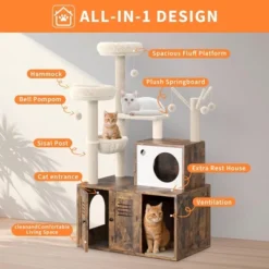 Cat Tree With Litter Box Enclosure, Wooden Cat Condo With Platform, Hammock, Pompoms, Scratching Posts, All-in-One Cat Furniture 16 Cat Tree With Litter Box Enclosure, Wooden Cat Condo With Platform, Hammock, Pompoms, Scratching Posts, All-in-One Cat Furniture -House Beautiful GUEST 3f969b6c b8a4 49b9 a392 613deffb855c