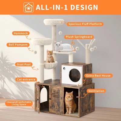 Cat Tree With Litter Box Enclosure, Wooden Cat Condo With Platform, Hammock, Pompoms, Scratching Posts, All-in-One Cat Furniture 8 Cat Tree With Litter Box Enclosure, Wooden Cat Condo With Platform, Hammock, Pompoms, Scratching Posts, All-in-One Cat Furniture - Image 6