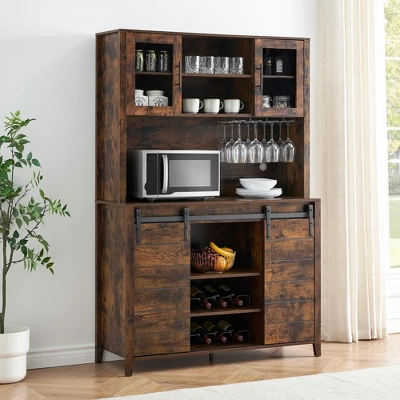 70" Farmhouse Coffee Bar Wine Cabinet With Sliding Barn Doors And Storage, Tall Kitchen Hutch With Wine & Glasses Rack 4 70" Farmhouse Coffee Bar Wine Cabinet With Sliding Barn Doors And Storage, Tall Kitchen Hutch With Wine & Glasses Rack - Image 2